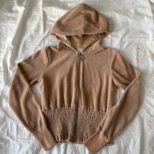 Guess Y2K Rhinestone Velour Tan Zip-Up Jacket Hoodie